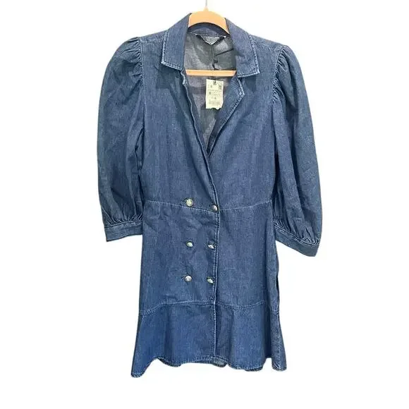 Zara Blue  Double Breasted Puff Sleeve Denim Mini Dress Blogger Favorite NEW - Picture 8 of 16